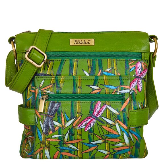 Hand-Painted Leather Women Green Multi-Compartment Crossbody Sling Bag - Picture 1 of 8
